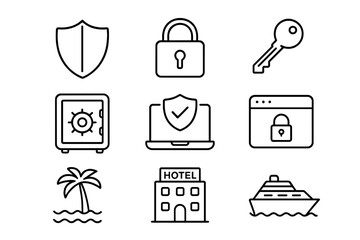 Poster - Security and travel line icon set. Safety, cyber protection, shield, padlock, key, safe. Data and web security. Vacation, hotel, cruise ship, island outline vector icons.