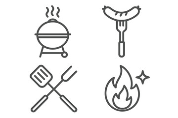 Poster - Barbecue and grill icon set. BBQ party, picnic, cookout concept. Vector line icons for web and apps. Sausage on fork, kettle grill, spatula, fire flame. Outdoor cooking graphic.