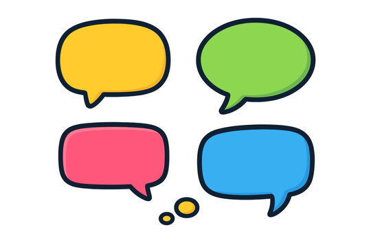 Cartoon colorful speech bubbles vector illustration set. Hand drawn chat box, message balloon, and thought bubble for comic dialogue. Communication icons isolated element.