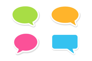 Poster - Colorful sticker speech bubbles vector set. Chat box, message balloon for communication, dialogue, or social media. Vector illustration isolated on transparent background.