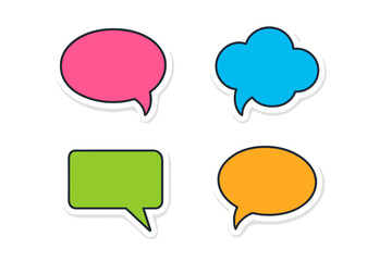 Poster - Colorful sticker speech bubbles vector illustration. Set of empty chat box. Dialogue balloon for communication, message, comment, quote. Talk bubble, thought cloud design.