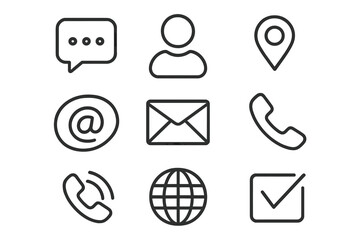 Poster - Contact us line icon set. Communication pictogram collection for web design. User, address, email, phone, and message symbols. Outline vector UI elements for support.