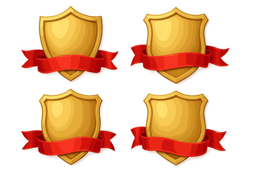 Golden shield with red ribbon collection. Vector 3D award badge set. Realistic luxury gold emblem for quality guarantee or certificate. Heraldic security crest blank template.
