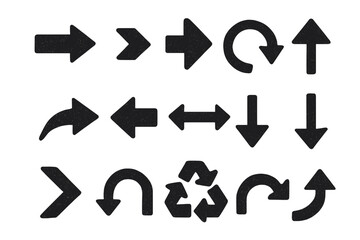 Poster - Grunge arrow icon set. Collection of different textured arrow signs. Black vector illustration for navigation pointer, direction, reload, refresh, and recycle symbols.