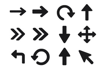 Poster - Grunge arrow icon set. Textured vector direction signs and symbols. Black navigation pointers collection for web and UI design. Isolated illustration on white background.