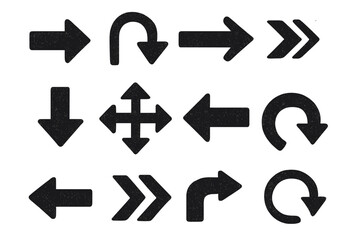 Poster - Grunge arrow icon set. Textured black direction signs and symbols. Vector illustration collection of different distressed pointers for web and print, isolated on white.
