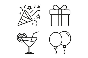 Poster - Celebration and party line icon set. Vector outline pictograms for events, birthdays, and holidays. Includes gift box, balloons, confetti popper, and cocktail drink icons.