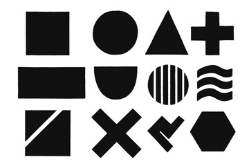 Poster - Brutalist geometric shapes set. Abstract basic figures and modern minimalist forms collection. Grunge textured stamp symbols for design elements. Vector illustration.