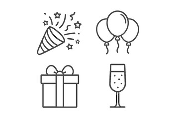 Poster - Celebration and party line icons set. Vector outline pictograms for events like birthday, new year, or holiday. Includes party popper, confetti, balloons, gift box, present, champagne.