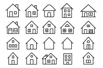 Poster - Vector house icon collection. Big set of simple buildings and home symbols for real estate. Thin line art architecture signs. Outline property pictogram for web and app design.