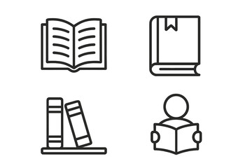 Fototapete - Book icon set for education and learning. Vector line symbols for library, study, knowledge, and literature. Reading concept signs. Editable outline pictogram collection.