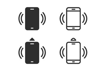Poster - Smartphone vibration icon set. Ringing phone solid and outline glyphs. Mobile incoming call alert, message notification symbol. Cellphone vibrate mode pictogram collection.