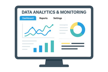 Poster - Data analytics and monitoring concept. Computer monitor with dashboard showing graphs and charts. Business intelligence, financial report, and marketing statistics vector.