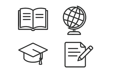 Poster - Education & school learning icon set. Vector line art symbols for knowledge, study, university. Graduation cap, book, globe, exam paper icons for web & mobile apps.