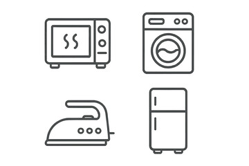 Poster - Household appliances icon set. Vector linear icons for web, applications. Microwave, washing machine, iron, refrigerator symbols. Home electronics outline pictogram collection.