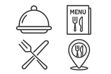 Poster - Restaurant line icon set. Food delivery, dining menu, and cafe location pin icons. Vector graphic for web, app. Cutlery, fork, knife, cloche symbol. Editable stroke.