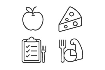 Poster - Nutrition line icon set. Diet plan, healthy food, and fitness goal symbols. Vector icons for apple, cheese, meal plan checklist, and macronutrient chart for muscle gain.