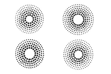 Poster - Set of four radial halftone dot patterns. Abstract geometric circle shapes for design elements, logos, or icons. Monochrome pop art style vector background texture element.