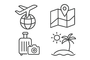 Poster - Travel and vacation icon set with editable stroke. Thin line vector icons airplane on globe, map pin, luggage, camera, tropical island. Symbols for tourism, journey, summer holiday.