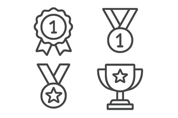Poster - Award medal and trophy cup icon set. Winner prize signs. First place champion symbol. Victory and success concept. Simple line art for competition or business achievement.