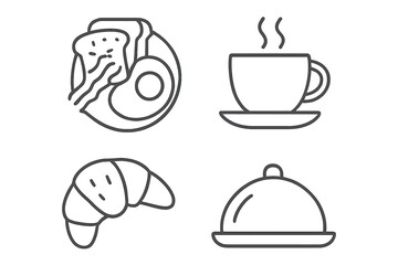 Poster - Breakfast food and drink outline icon collection. Linear style pictogram set with coffee cup, croissant, bacon, eggs and toast. Vector symbols for restaurant menu design.