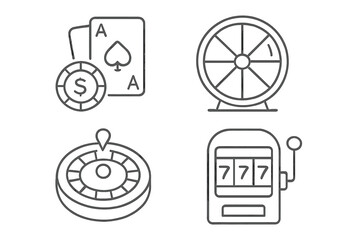 Poster - Casino line icons set. Gambling, poker, card game, and betting concept. Roulette wheel, slot machine, lottery, and ace cards with chip. Outline vector graphic symbol collection.