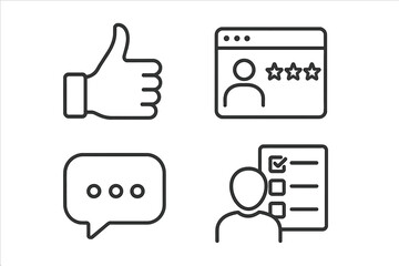 Poster - Feedback and review line icon set. Thumbs up like, star rating, comment, and survey symbols. Customer satisfaction and user experience outline vector icons for web and UI.