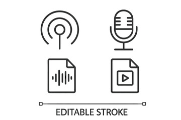 Poster - Linear Style Podcasting and Multimedia Icons Collection. Wireless Broadcast, Microphone, Audio File, Video File. Outline Pictogram Set for Podcast, Sound Recording, Media Production, Web, Applications