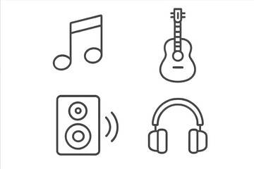 Poster - Music Icon Set – Linear Style Collection of 4 Line Icons Featuring Musical Note, Guitar, Speaker, Headphones. Outline Music Symbols and Audio Elements for Infographic, App, Web, Editable Stroke Vector