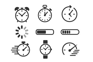 Fototapete - Vector icon set of time and speed. Clock, stopwatch, speedometer, and loading bar symbols. Fast performance, deadline, and progress concept for UI design illustration.
