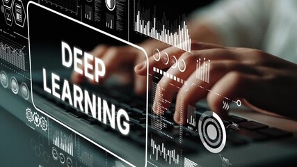 Poster - Hands Typing on Keyboard with Deep Learning Concepts and Data Visualization Graphics in Background. Asymptotic smart data analytic.