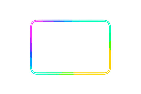 Neon rectangle frame with rounded corners. Colorful glowing border with retro 80s light effect. Abstract vibrant gradient banner for text. Futuristic led lamp design.
