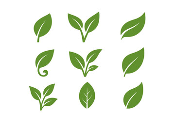 Poster - Leaf icons set. Green leaves, ecology, nature, environment and eco sign. Vector illustration for organic, bio, vegan product. Natural plant and sprout logo element symbol.