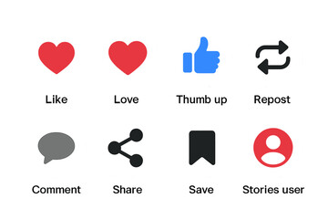 Poster - Like, love, heart, thumb up, repost, comment, share, save. Social media icon set for post reactions. User button, speech bubble. Modern flat vector for UI/UX design.