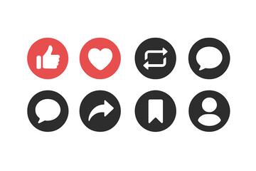 Fototapete - Social media icons set. Like, love, heart, thumb up, repost, comment, share, save, user profile buttons. Vector illustration for web, app, UI, UX design element.