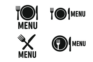 Poster - Restaurant menu icon set with plate, fork, and knife. Cutlery and tableware logotype collection for cafe, bistro, or diner. Food service vector symbol pack design.