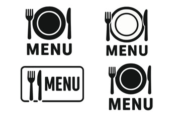 Poster - Menu logotype set with cutlery icons. Tableware sign with plate, fork, and knife. Restaurant, cafe, or bistro food symbol collection. Vector illustration for dining concept.