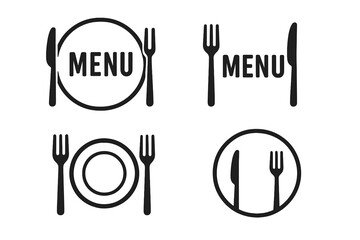 Poster - Menu logotype set with cutlery icons. Tableware sign with plate, fork, and knife. Restaurant food symbol collection for dinner or lunch. Vector graphic design illustration.