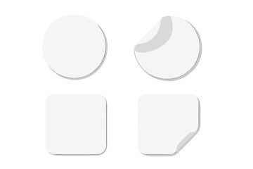 Poster - White paper stickers mockup set. Blank circle and square adhesive labels with peeling corner. Realistic vector illustration of round and rectangular sticky tags isolated.