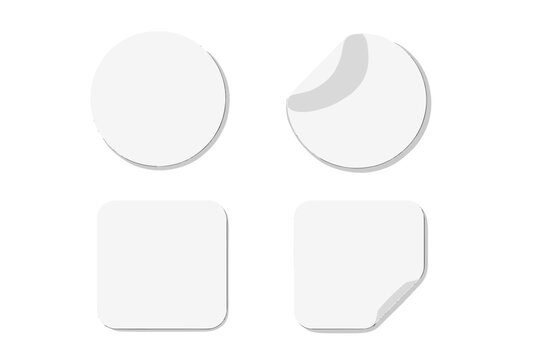 White paper stickers mockup set. Blank circle and square adhesive labels with peeling corner. Realistic vector illustration of round and rectangular sticky tags isolated.