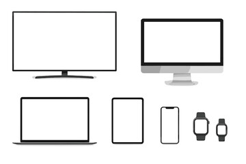 Poster - Realistic device mockup set. Technology collection with empty screens: TV, computer, laptop, tablet, smartphone, smart watch. For website, portfolio and presentation.