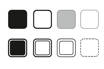 Fototapete - Set of square shapes with rounded corners. Collection of geometric squircle frames and borders in flat, outline, and dashed line styles. Vector button or icon elements.