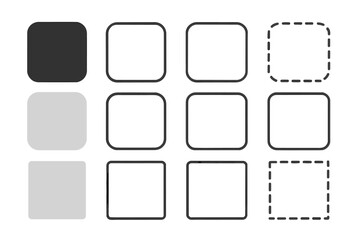 Fototapete - Set of square shapes with rounded corners. Collection of geometric frames and borders in flat, outline, and dashed styles. Vector icons for web design and UI elements.