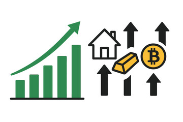 Poster - Stock market bull concept with growth chart. Investment in assets like real estate, gold, and crypto. Finance economy trend with arrows up. Bitcoin price rise vector.