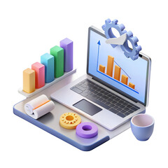 Poster - 3D Laptop with Business Chart and Gears on transparent background