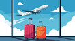 © meeblues - Adobe Illustrator artwork flat style illustration of two colorful suitcases at an airport with a plane taking off and a city skyline. Ideal for themes of summer travel and departures