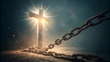 Glowing cross breaking heavy metal chains, representing spiritual liberation and transformative power of religious belief