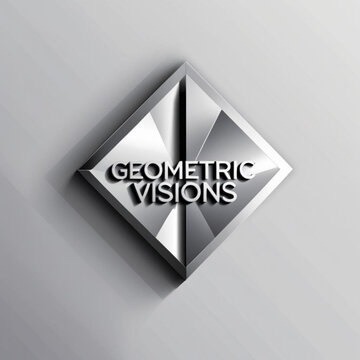 Silver diamond shape with geometric facets and text overlay on a soft gray gradient surface design element