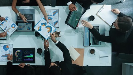 Poster - Top down aerial view of business people discussing about financial strategy on table with document and tablet display investment statistic at meeting. Diverse team brainstorm about plan. Directorate.