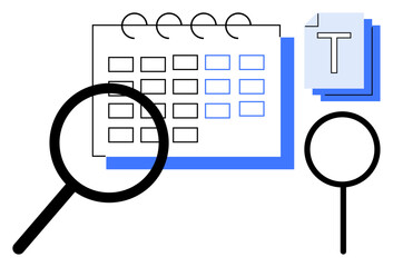 Poster - Magnifying glass focuses on a grid calendar alongside blue-highlighted documents. Ideal for schedule planning, organization, research, analysis, data scrutiny, productivity, simple landing page